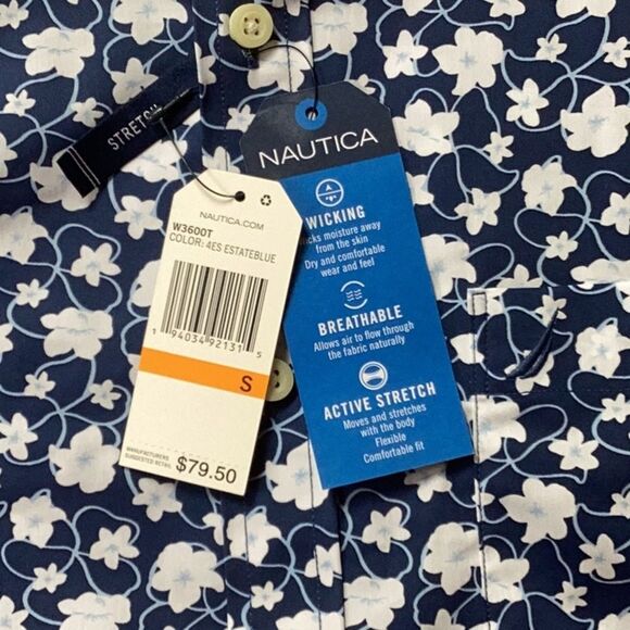 NAUTICA MENS STRETCH PERFORMANCE BUTTON DOWN COLLAR SHIRT ESTATE BLUE FLORAL SM - Picture 4 of 6